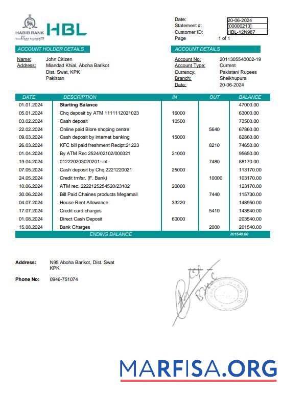 Printable Pakistan Habib bank statement word template